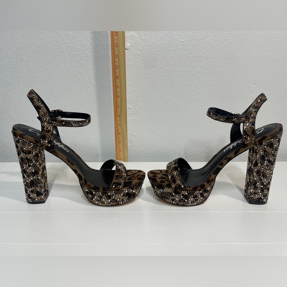SIZE 11 - Leopard Print Platform Sandals with Rhinestone Accents - Brown